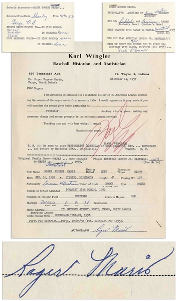 Interesting Roger Maris Lot -- Baseball Questionnaire Filled Out and Signed by Maris in 1957 & Two Cards Also Filled Out by Him With Details on His Name Change and the Scout Who Signed Him